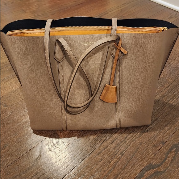 Tory Burch Handbags - Tory Burch Taupe Leather Tote with Yellow Accent